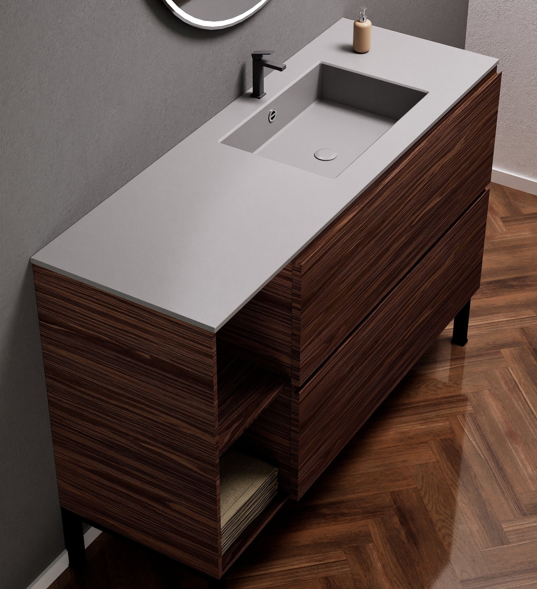 Aurora Single Set With Supporting Legs - Corian Sink & Countertop with 2 Drawers Vanity & Side Shelves - ROVALUX