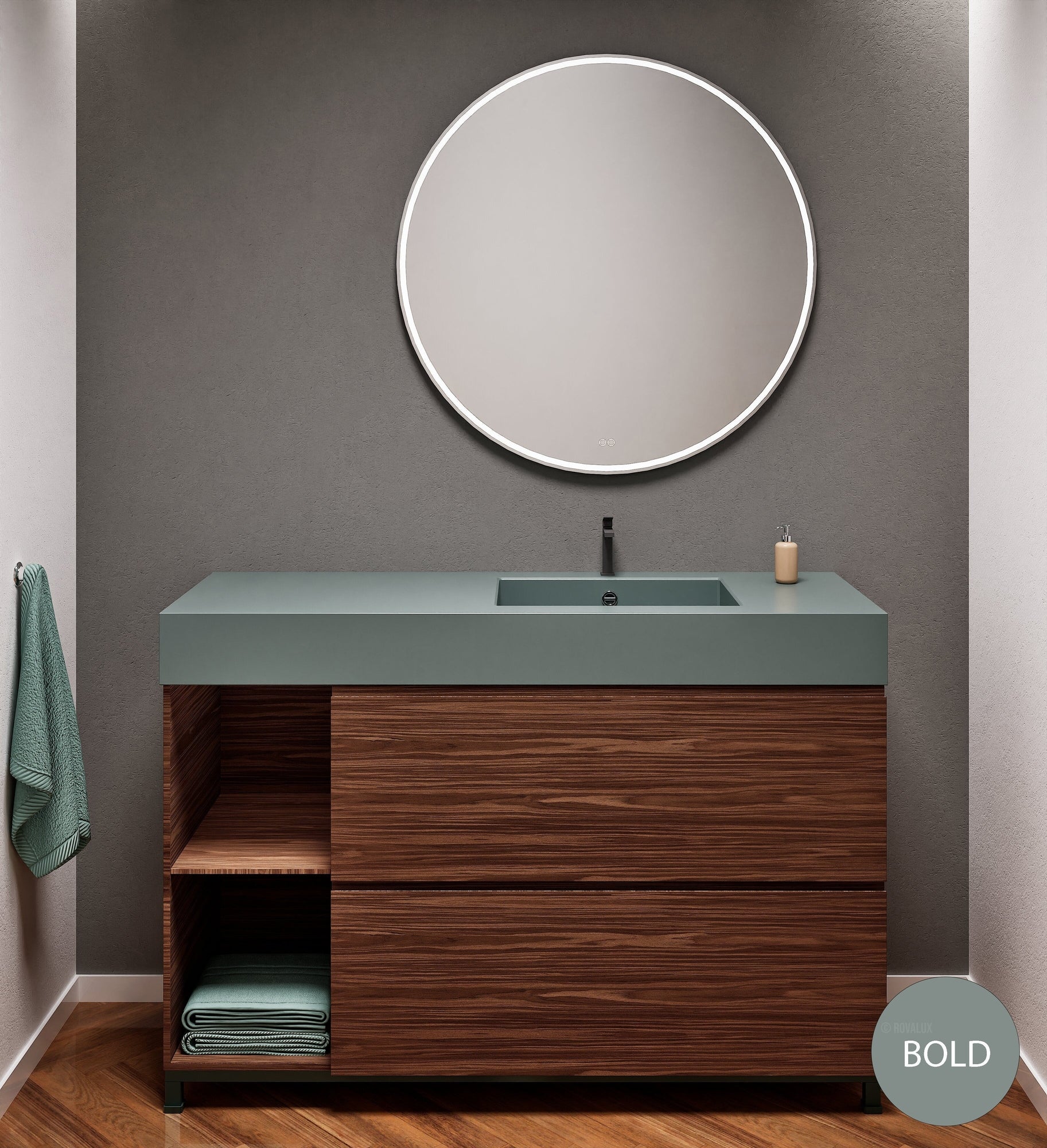 Aurora Single Set With Supporting Legs - Corian Sink & Countertop with 2 Drawers Vanity & Side Shelves - ROVALUX