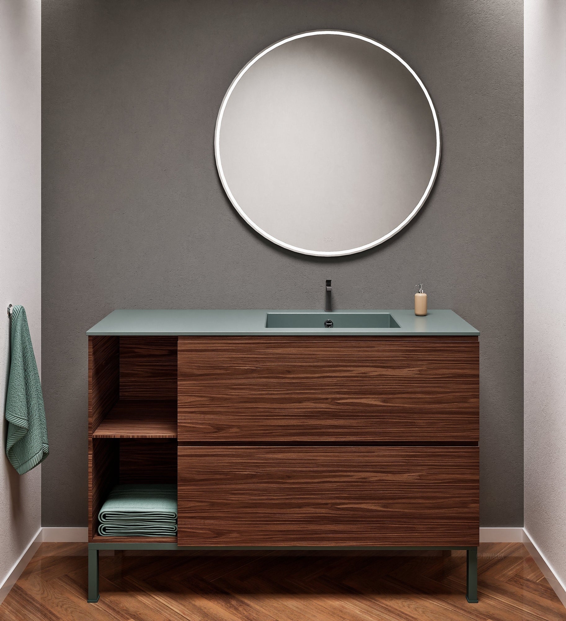 Aurora Single Set With Supporting Legs - Corian Sink & Countertop with 2 Drawers Vanity & Side Shelves - ROVALUX