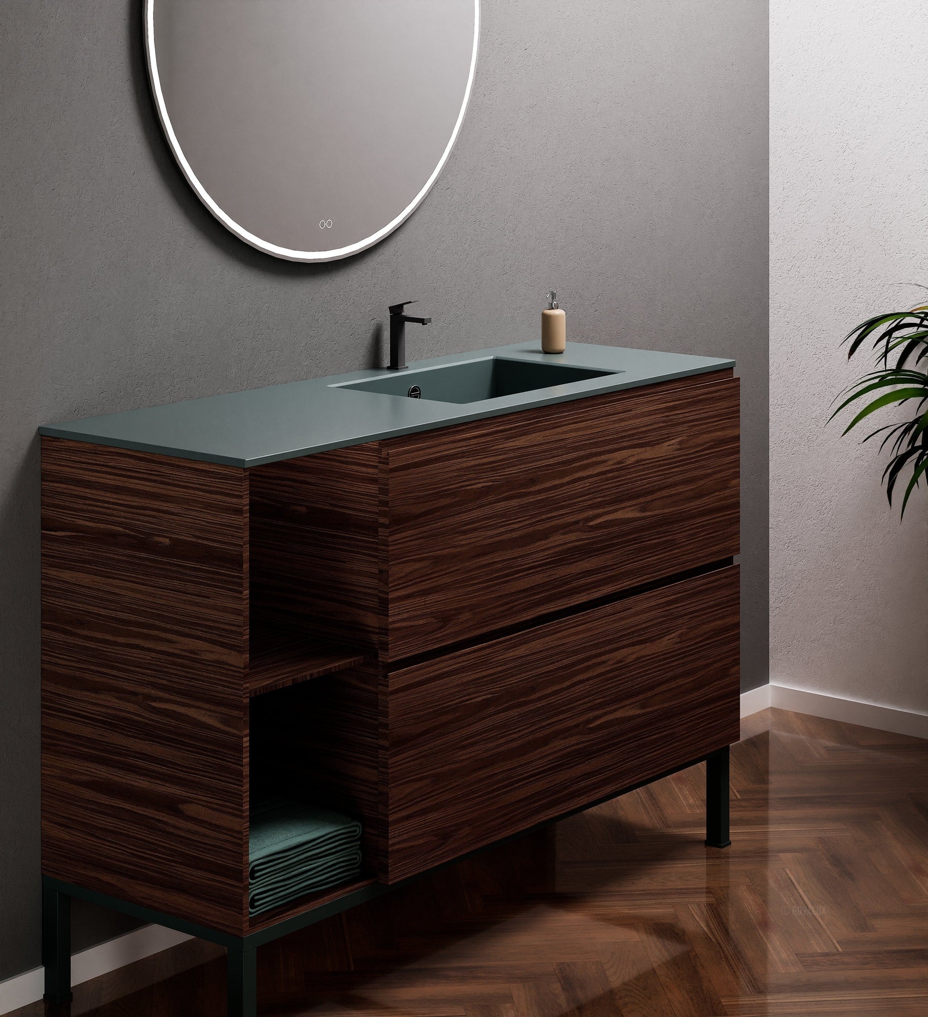 Aurora Single Set With Supporting Legs - Corian Sink & Countertop with 2 Drawers Vanity & Side Shelves - ROVALUX