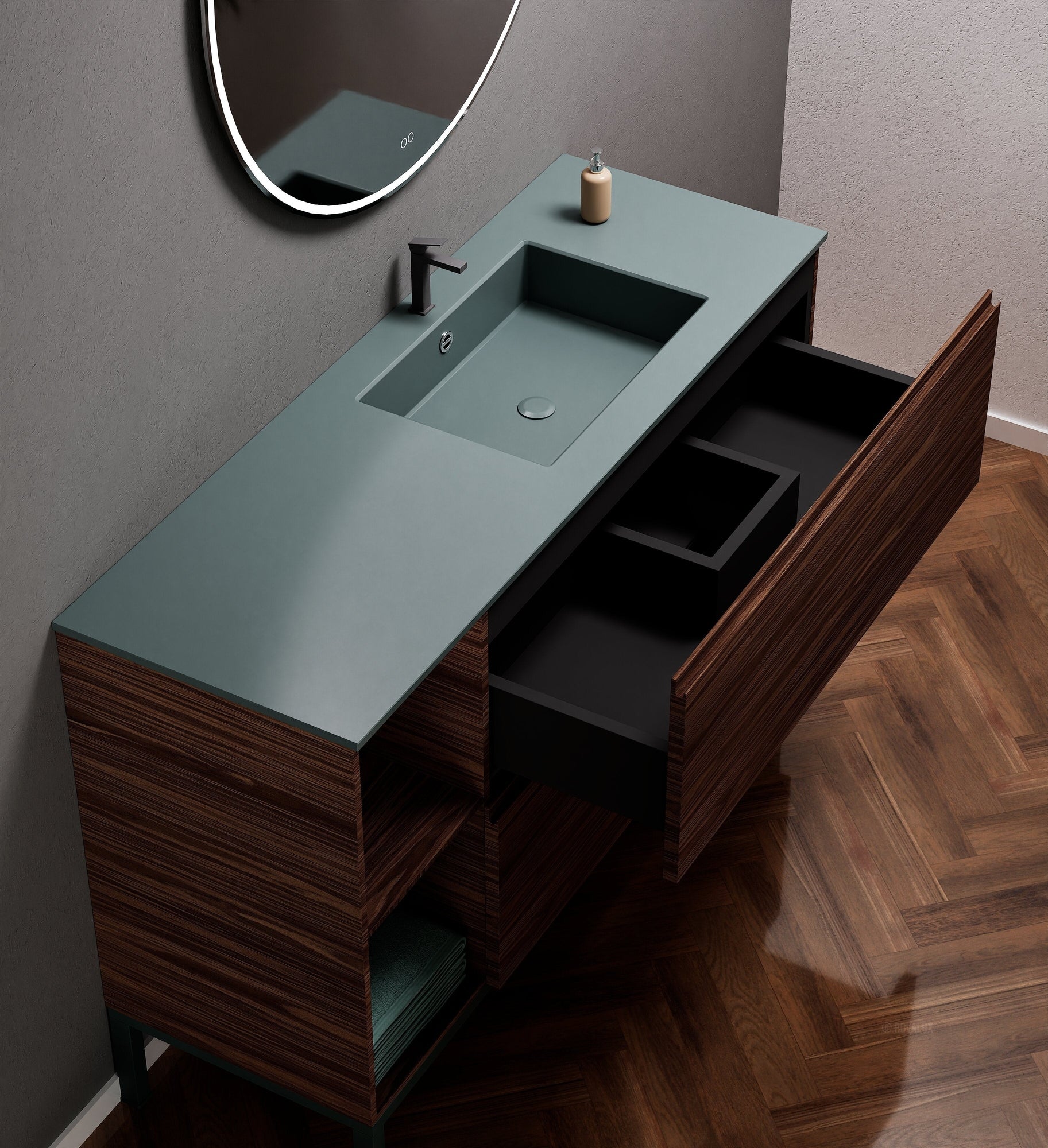 Aurora Single Set With Supporting Legs - Corian Sink & Countertop with 2 Drawers Vanity & Side Shelves - ROVALUX