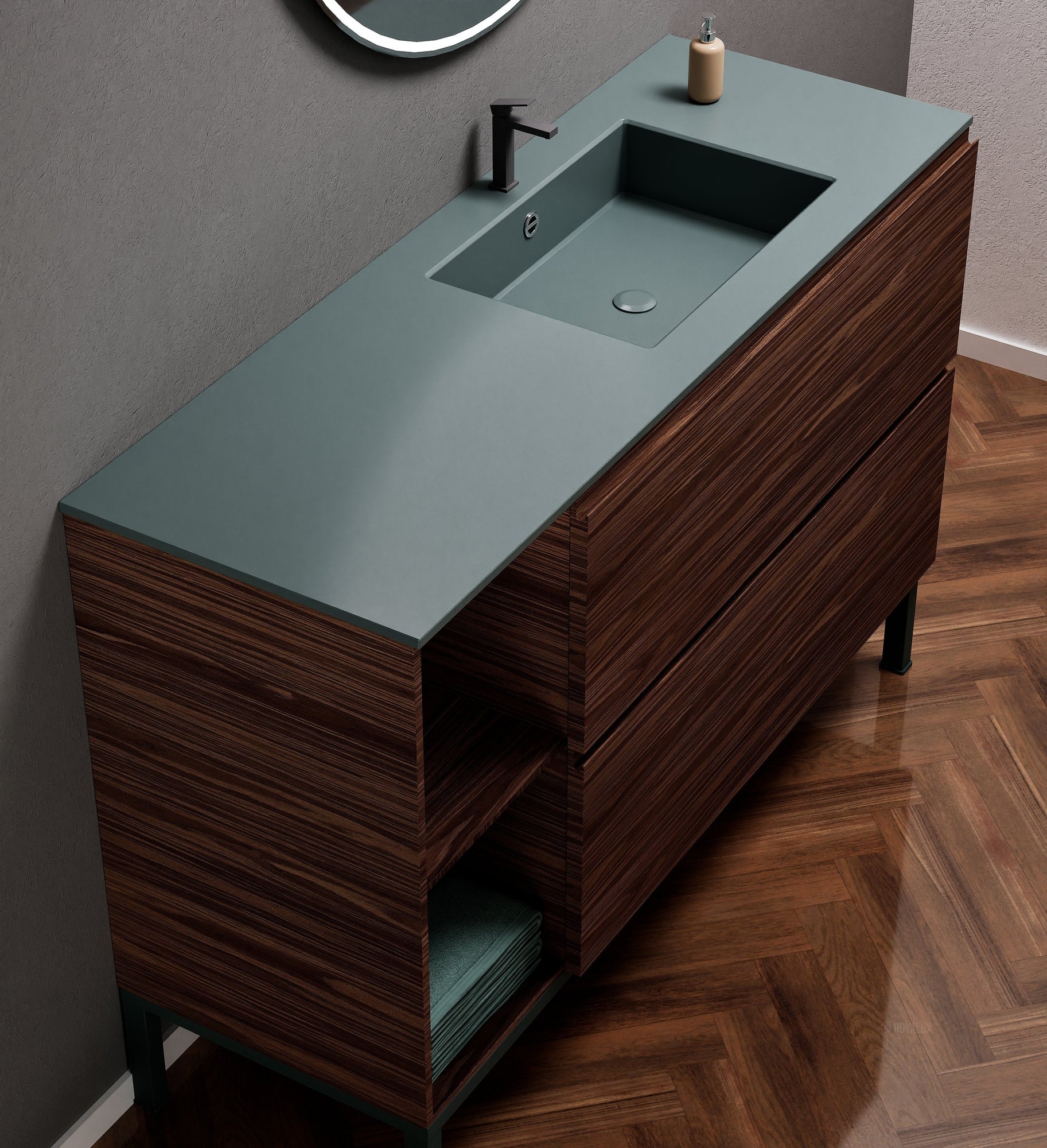 Aurora Single Set With Supporting Legs - Corian Sink & Countertop with 2 Drawers Vanity & Side Shelves - ROVALUX