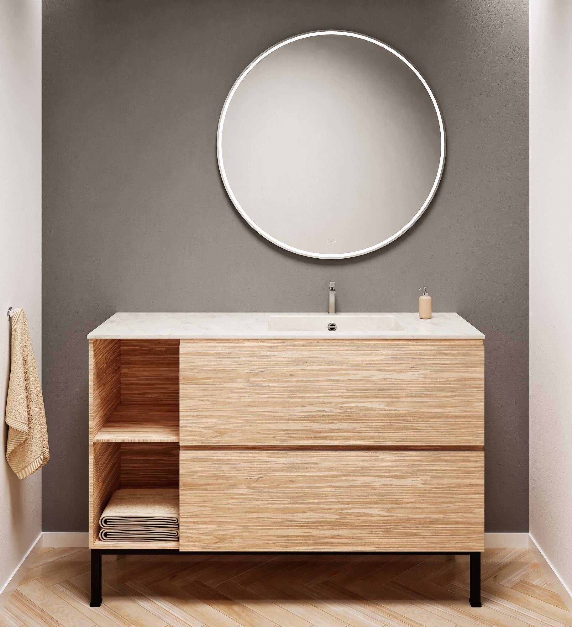 Aurora Single Set With Supporting Legs - Corian Sink & Countertop with 2 Drawers Vanity & Side Shelves - ROVALUX