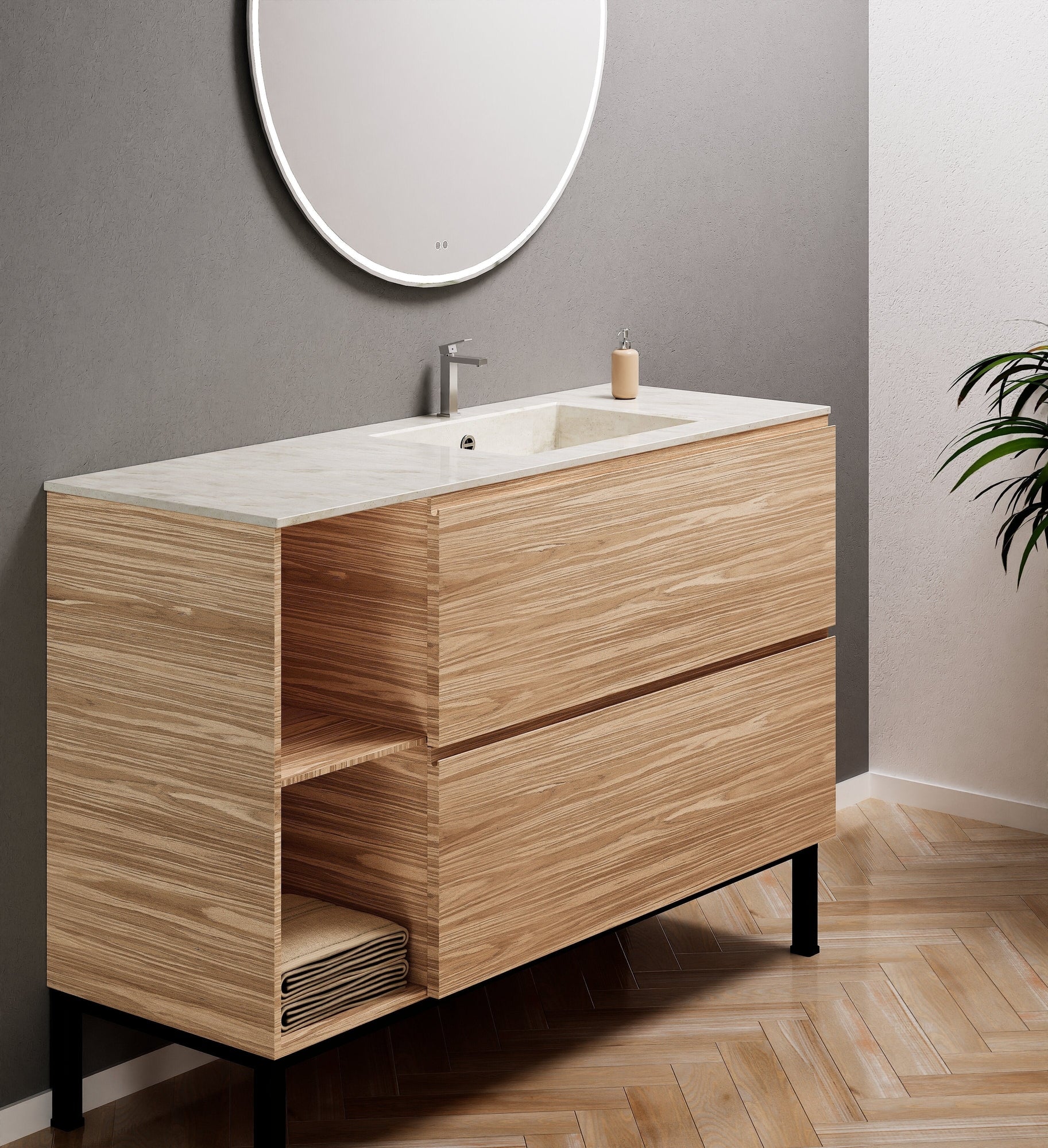 Aurora Single Set With Supporting Legs - Corian Sink & Countertop with 2 Drawers Vanity & Side Shelves - ROVALUX