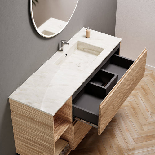 Aurora Single Set With Supporting Legs - Corian Sink & Countertop with 2 Drawers Vanity & Side Shelves - ROVALUX