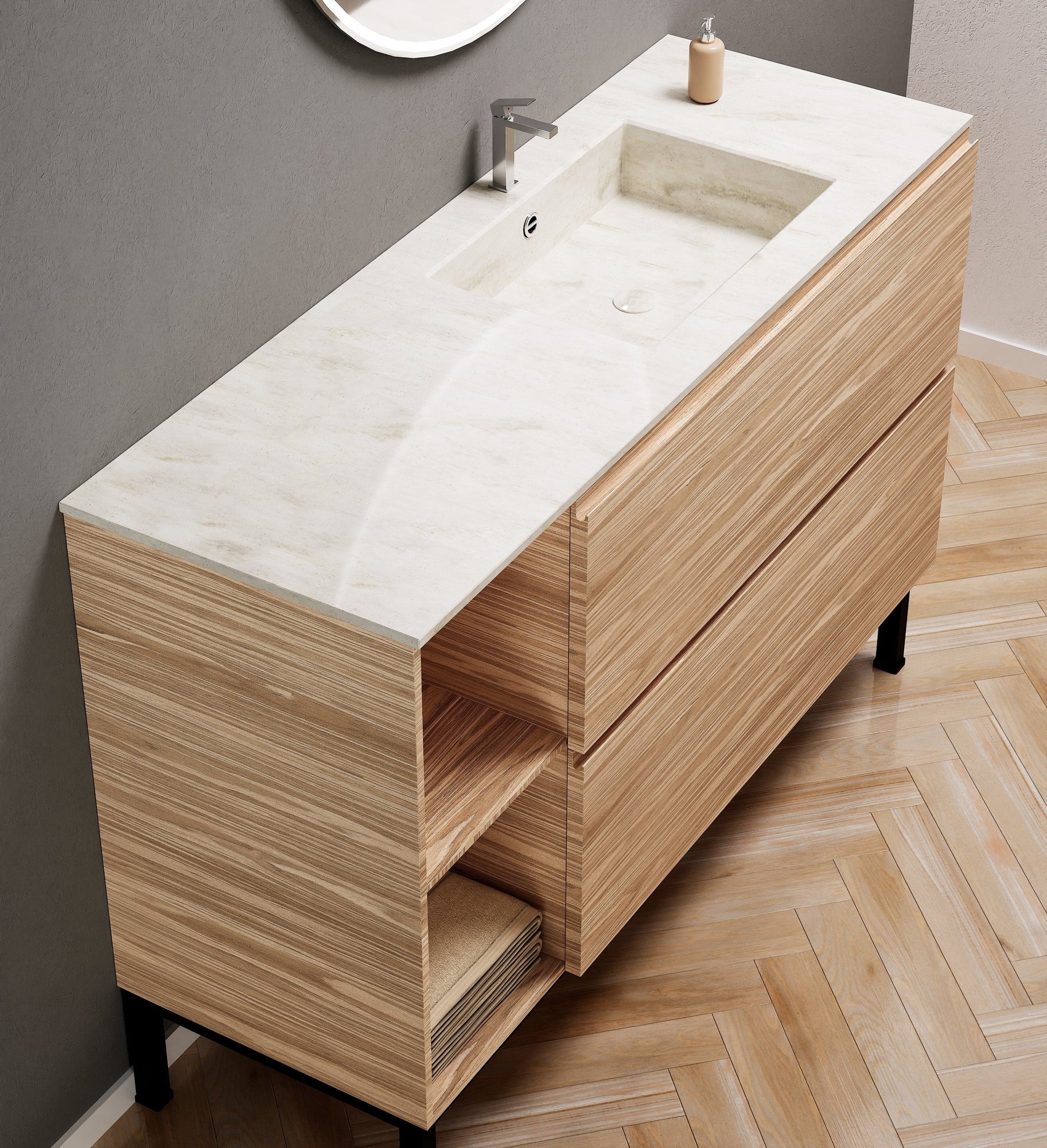 Aurora Single Set With Supporting Legs - Corian Sink & Countertop with 2 Drawers Vanity & Side Shelves - ROVALUX