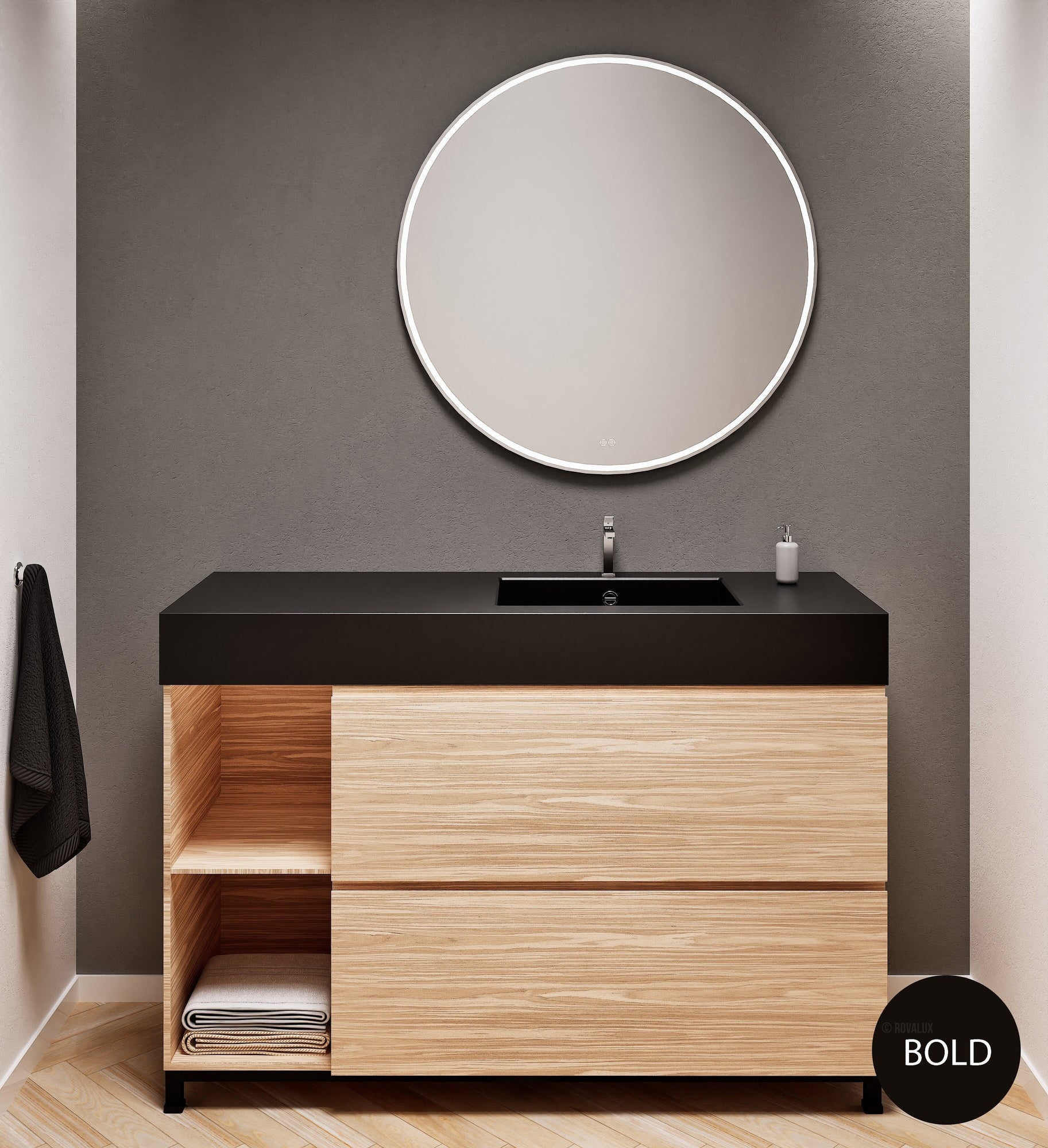 Aurora Single Set With Supporting Legs - Corian Sink & Countertop with 2 Drawers Vanity & Side Shelves - ROVALUX