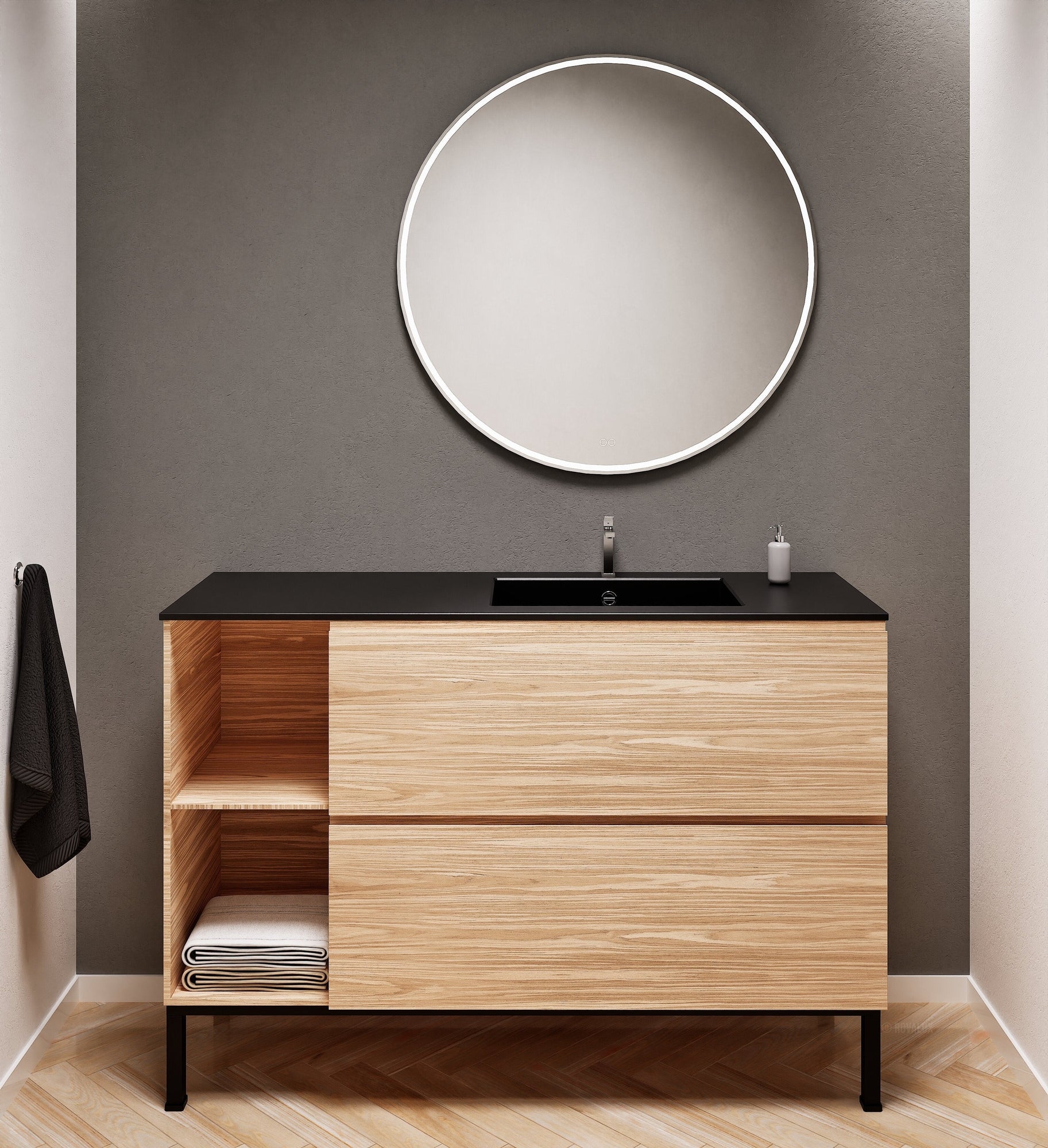 Aurora Single Set With Supporting Legs - Corian Sink & Countertop with 2 Drawers Vanity & Side Shelves - ROVALUX