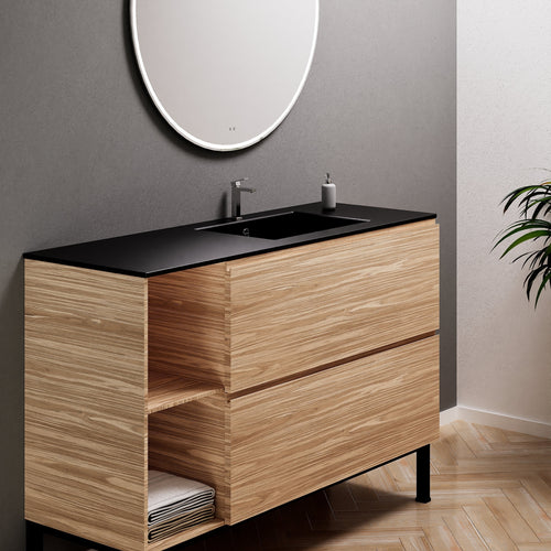 Aurora Single Set With Supporting Legs - Corian Sink & Countertop with 2 Drawers Vanity & Side Shelves - ROVALUX