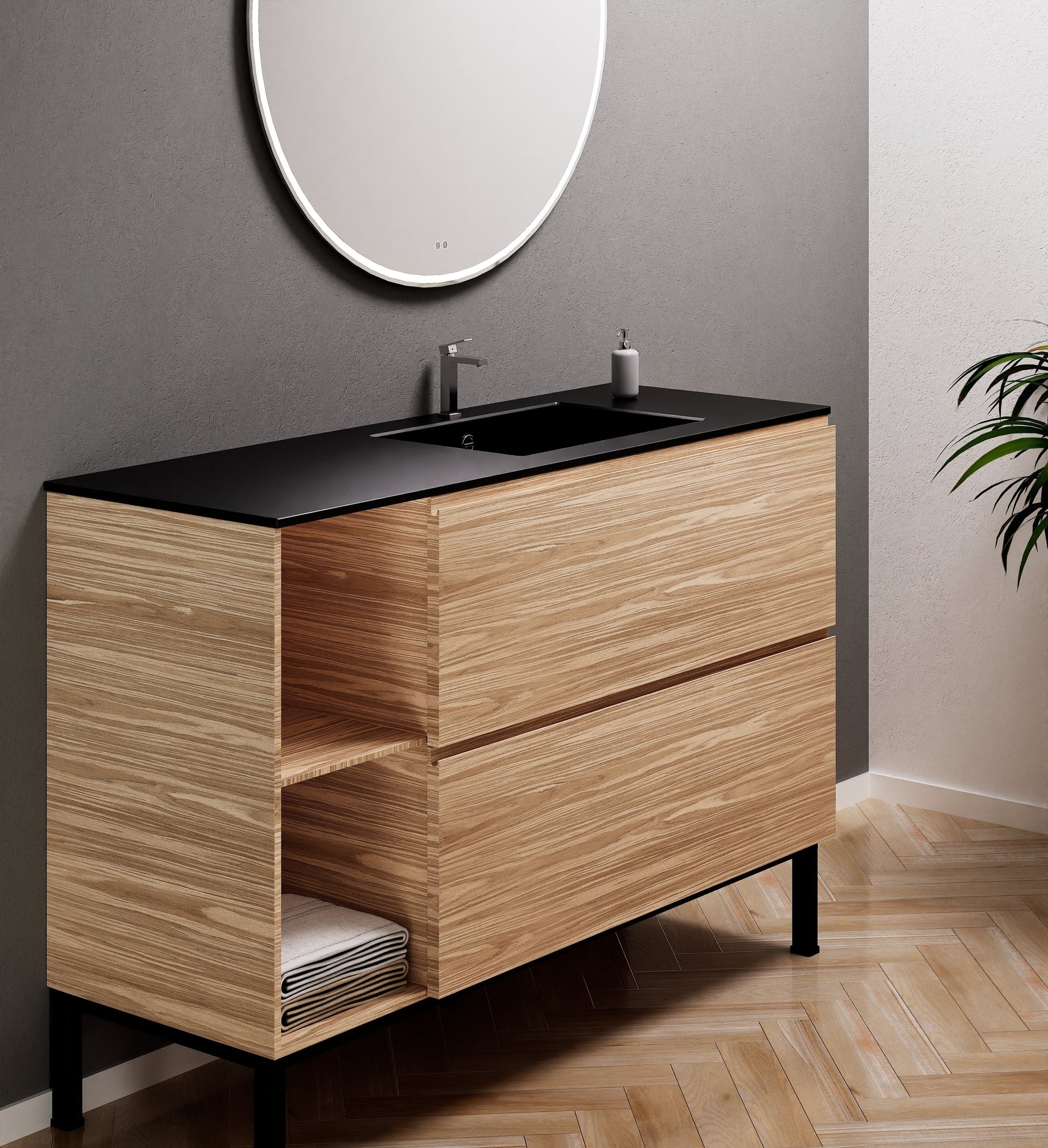 Aurora Single Set With Supporting Legs - Corian Sink & Countertop with 2 Drawers Vanity & Side Shelves - ROVALUX