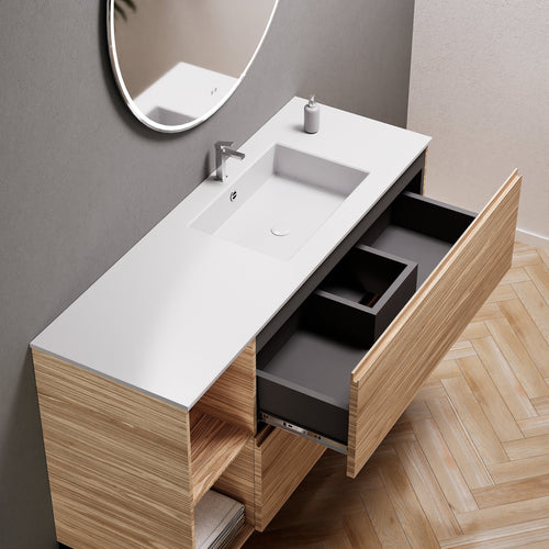 Aurora Single Set With Supporting Legs - Corian Sink & Countertop with 2 Drawers Vanity & Side Shelves - ROVALUX