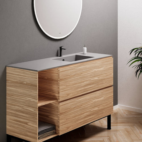 Aurora Single Set With Supporting Legs - Corian Sink & Countertop with 2 Drawers Vanity & Side Shelves - ROVALUX