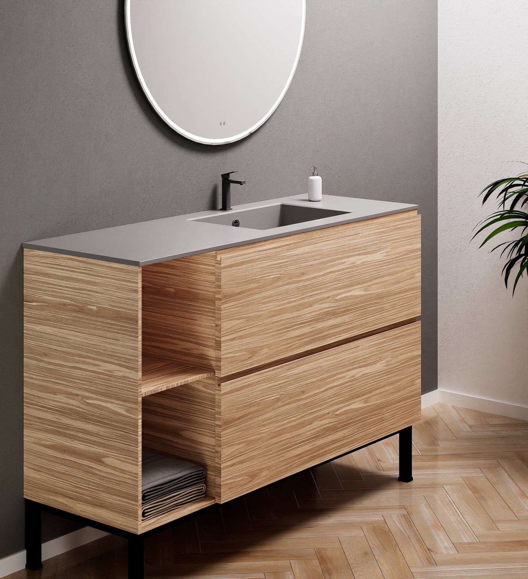 Aurora Single Set With Supporting Legs - Corian Sink & Countertop with 2 Drawers Vanity & Side Shelves - ROVALUX
