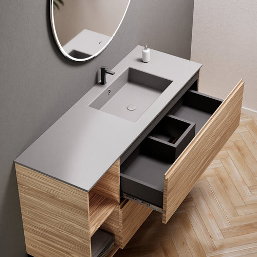 Aurora Single Set With Supporting Legs - Corian Sink & Countertop with 2 Drawers Vanity & Side Shelves - ROVALUX