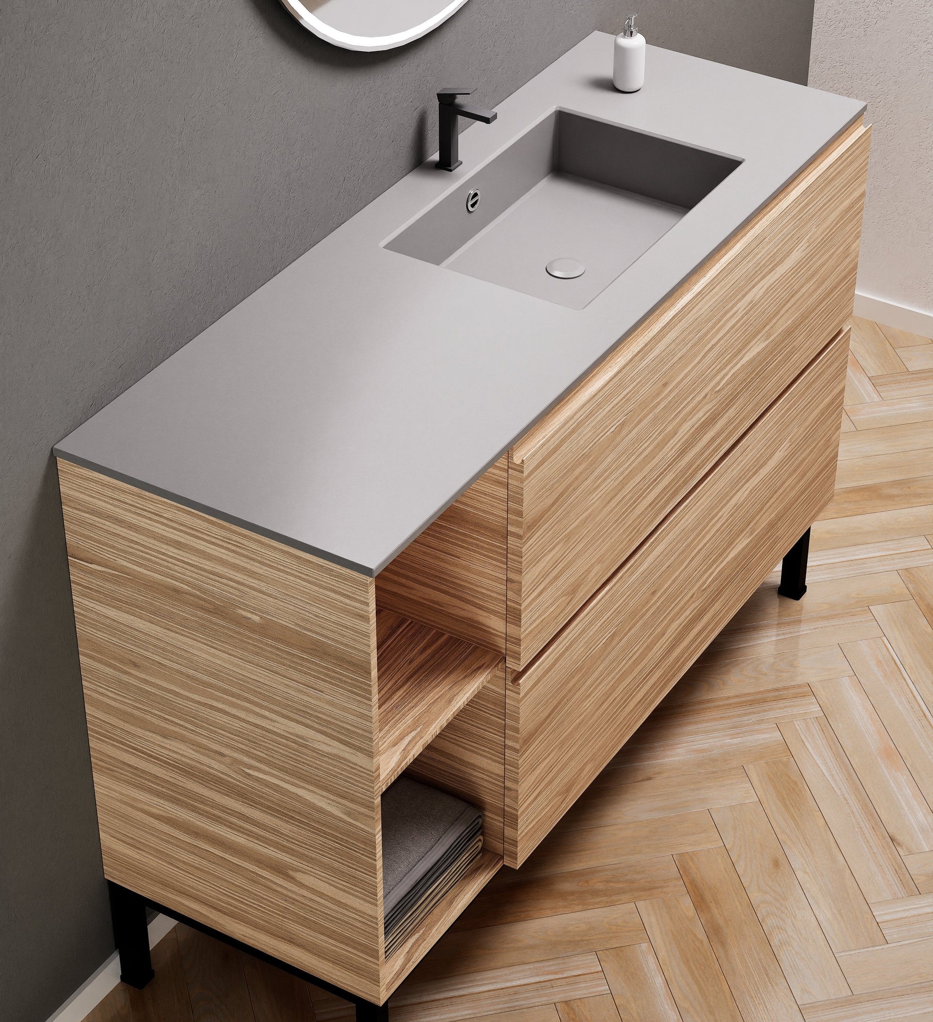 Aurora Single Set With Supporting Legs - Corian Sink & Countertop with 2 Drawers Vanity & Side Shelves - ROVALUX