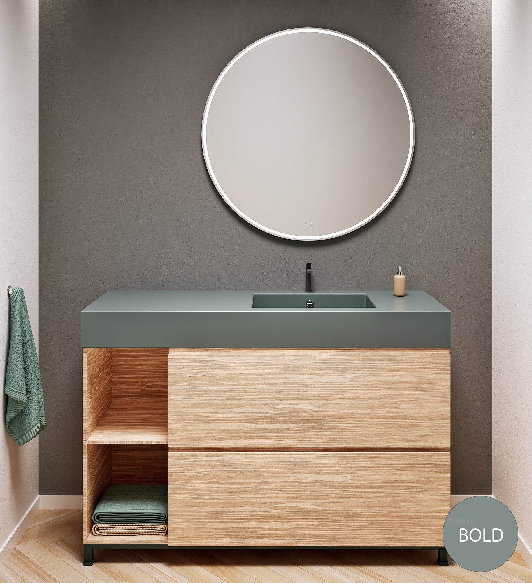 Aurora Single Set With Supporting Legs - Corian Sink & Countertop with 2 Drawers Vanity & Side Shelves - ROVALUX