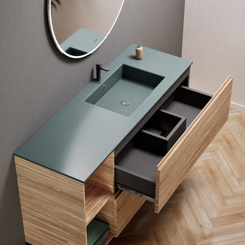 Aurora Single Set With Supporting Legs - Corian Sink & Countertop with 2 Drawers Vanity & Side Shelves - ROVALUX
