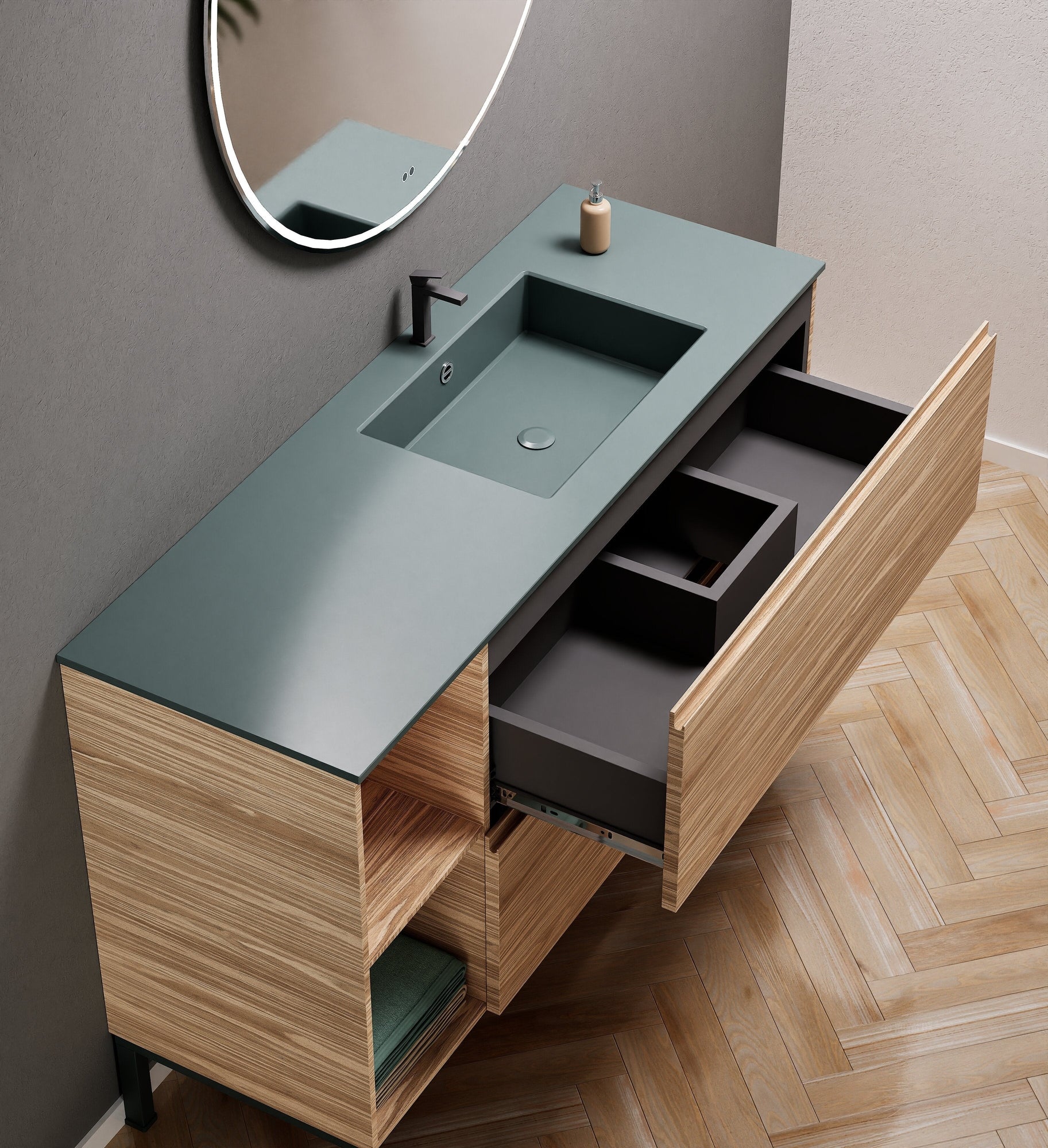 Aurora Single Set With Supporting Legs - Corian Sink & Countertop with 2 Drawers Vanity & Side Shelves - ROVALUX