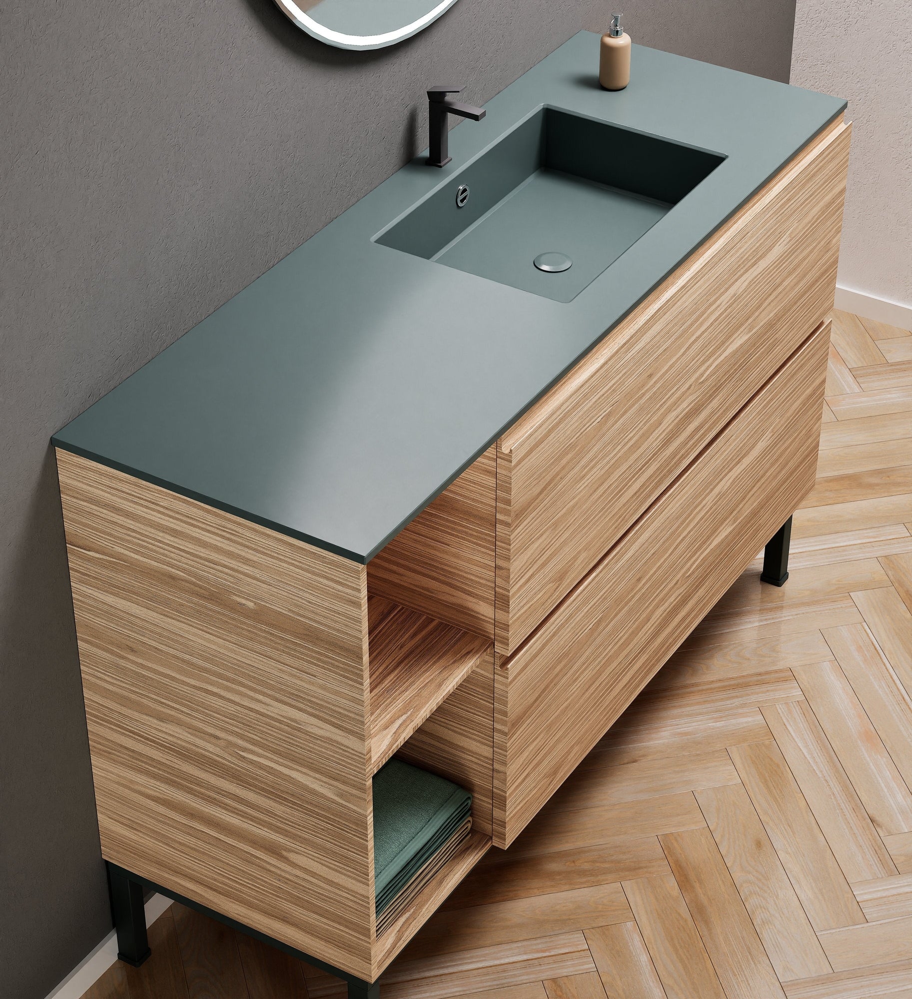 Aurora Single Set With Supporting Legs - Corian Sink & Countertop with 2 Drawers Vanity & Side Shelves - ROVALUX