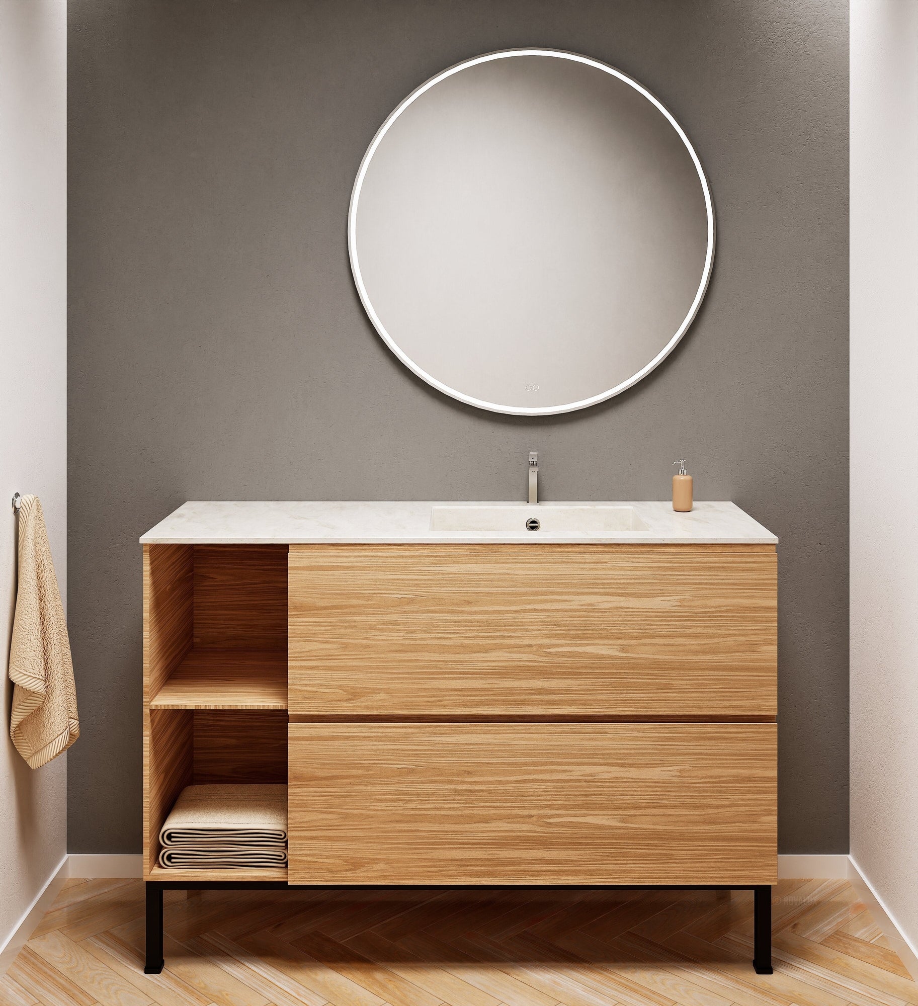 Aurora Single Set With Supporting Legs - Corian Sink & Countertop with 2 Drawers Vanity & Side Shelves - ROVALUX