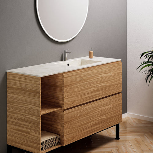 Aurora Single Set With Supporting Legs - Corian Sink & Countertop with 2 Drawers Vanity & Side Shelves - ROVALUX