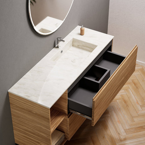 Aurora Single Set With Supporting Legs - Corian Sink & Countertop with 2 Drawers Vanity & Side Shelves - ROVALUX