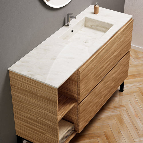 Aurora Single Set With Supporting Legs - Corian Sink & Countertop with 2 Drawers Vanity & Side Shelves - ROVALUX
