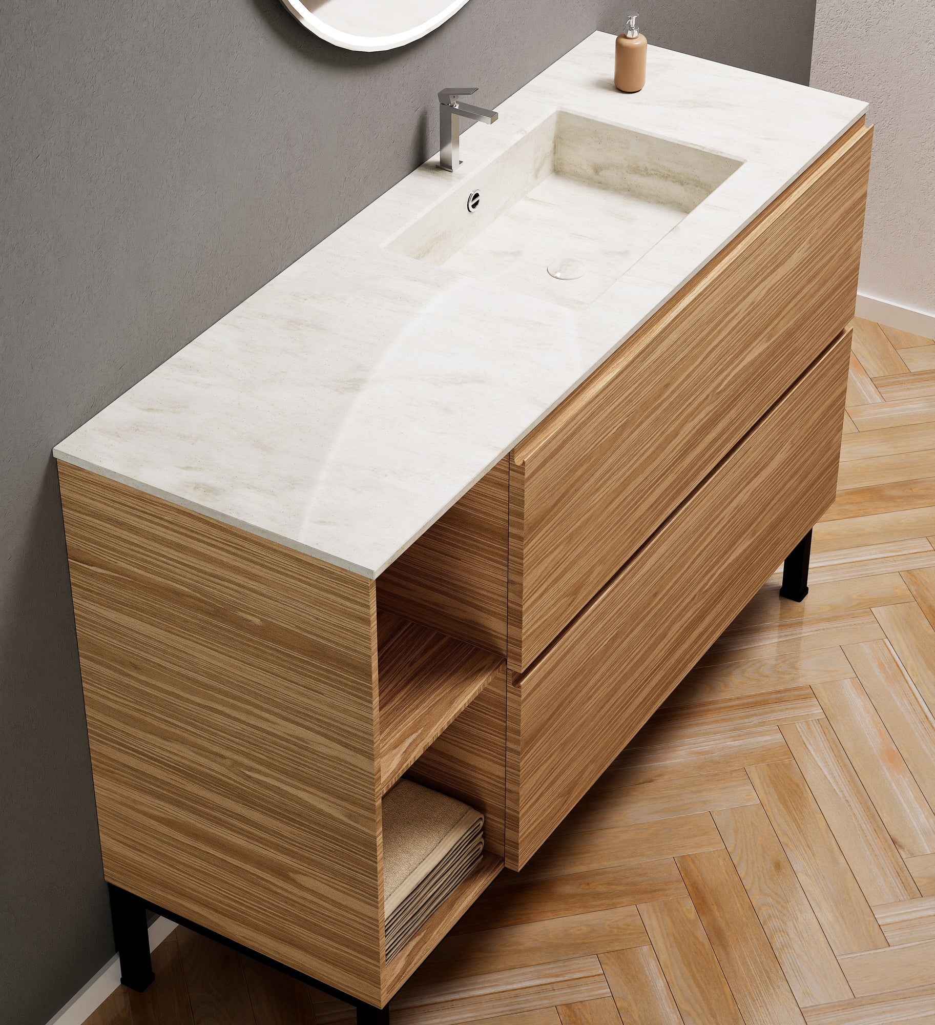 Aurora Single Set With Supporting Legs - Corian Sink & Countertop with 2 Drawers Vanity & Side Shelves - ROVALUX