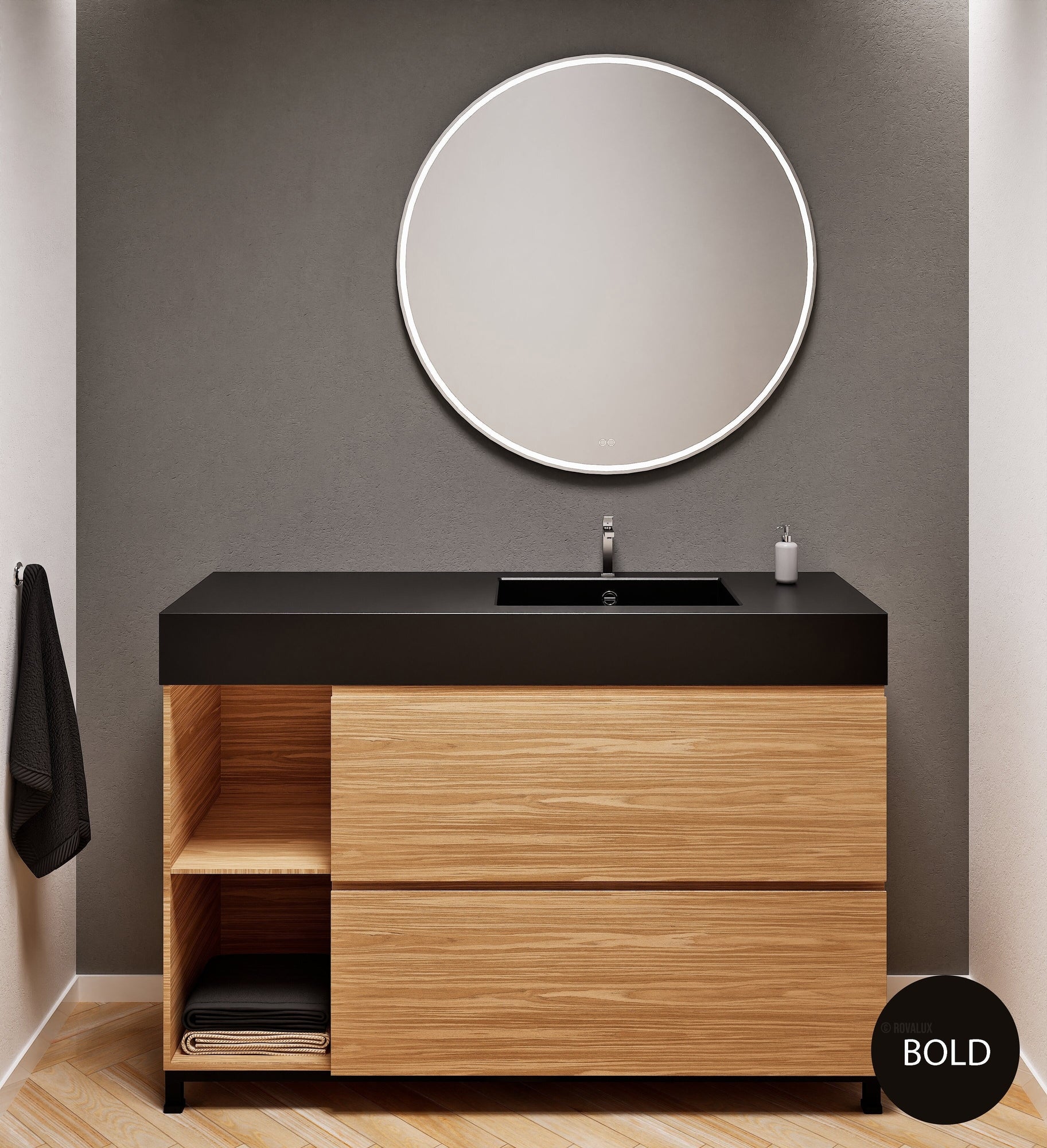 Aurora Single Set With Supporting Legs - Corian Sink & Countertop with 2 Drawers Vanity & Side Shelves - ROVALUX