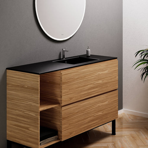 Aurora Single Set With Supporting Legs - Corian Sink & Countertop with 2 Drawers Vanity & Side Shelves - ROVALUX
