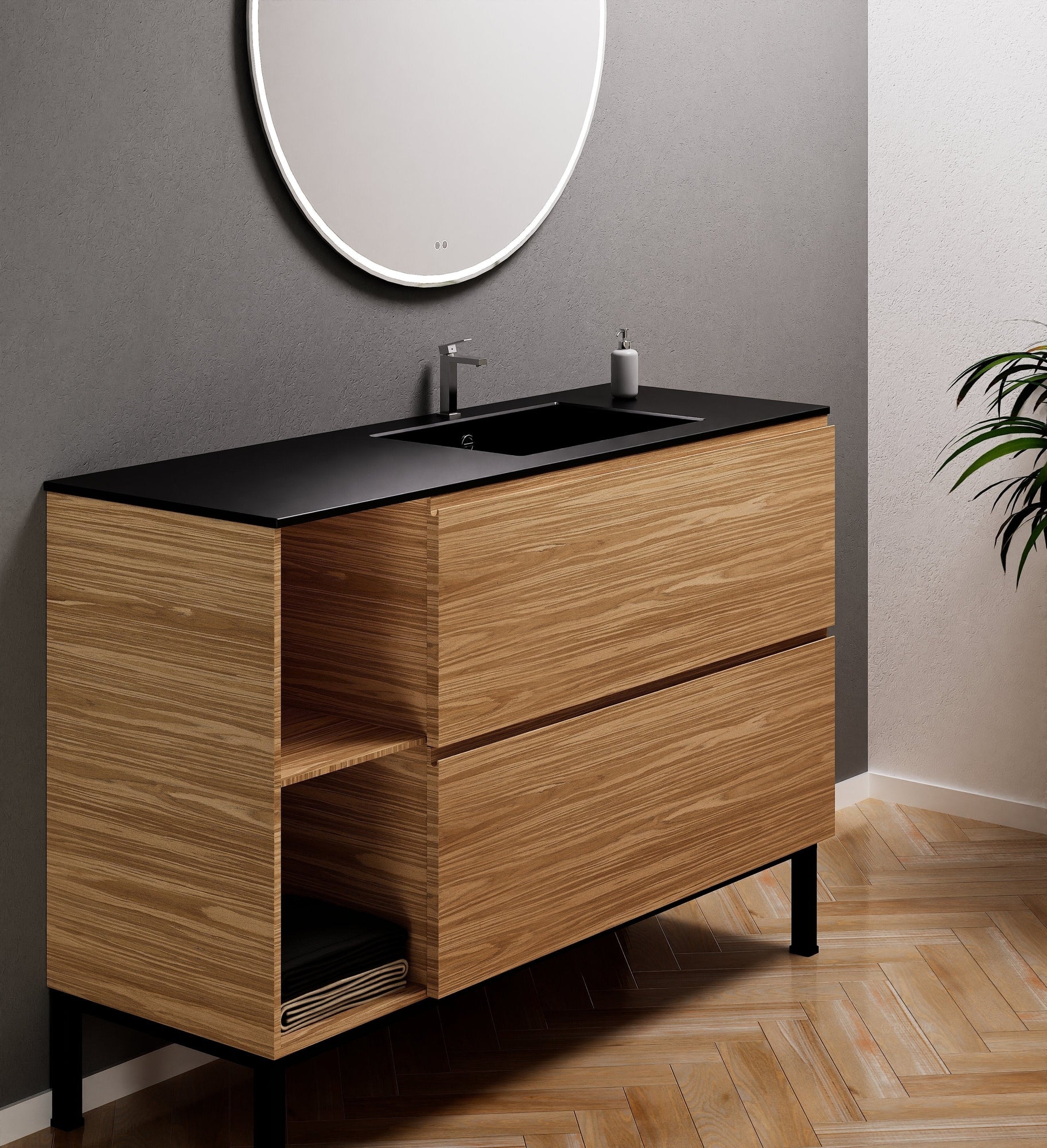 Aurora Single Set With Supporting Legs - Corian Sink & Countertop with 2 Drawers Vanity & Side Shelves - ROVALUX