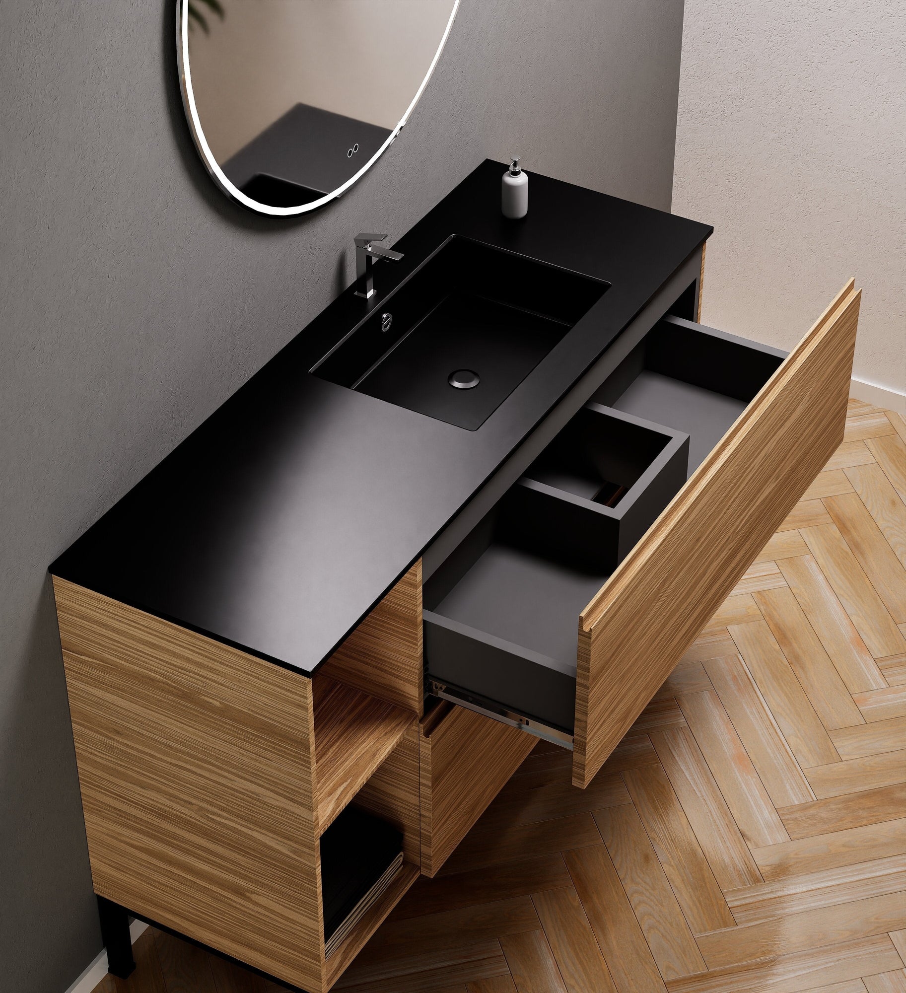 Aurora Single Set With Supporting Legs - Corian Sink & Countertop with 2 Drawers Vanity & Side Shelves - ROVALUX