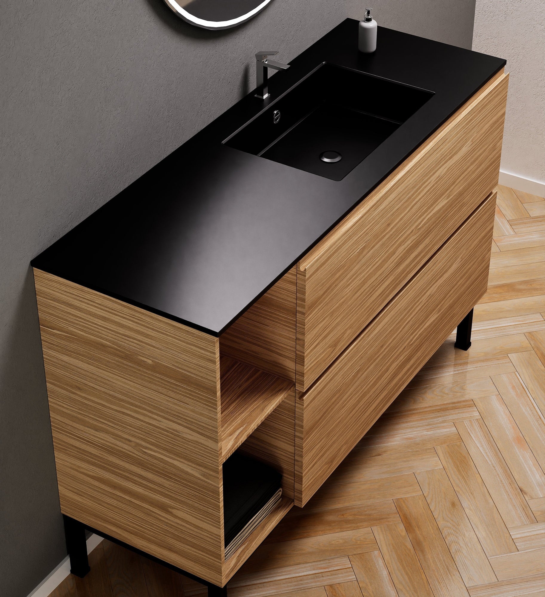Aurora Single Set With Supporting Legs - Corian Sink & Countertop with 2 Drawers Vanity & Side Shelves - ROVALUX