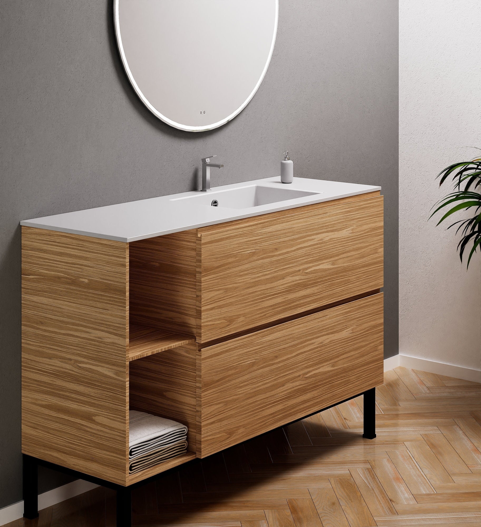 Aurora Single Set With Supporting Legs - Corian Sink & Countertop with 2 Drawers Vanity & Side Shelves - ROVALUX