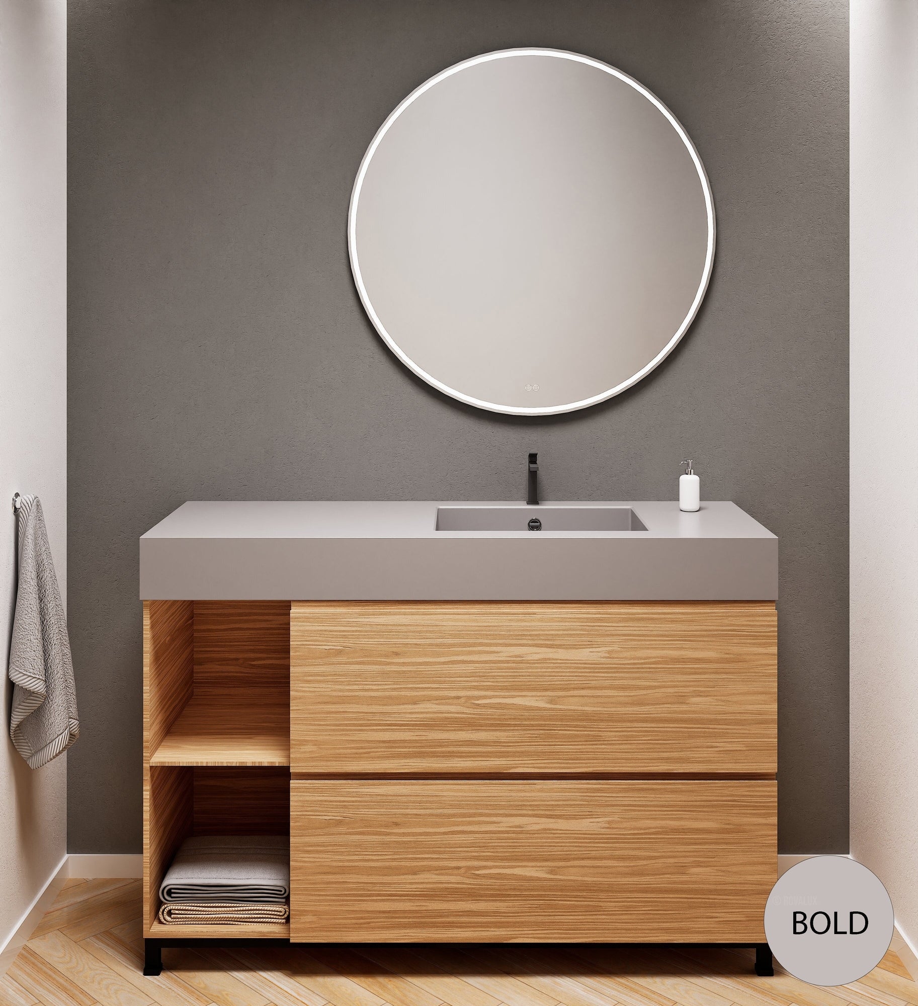 Aurora Single Set With Supporting Legs - Corian Sink & Countertop with 2 Drawers Vanity & Side Shelves - ROVALUX