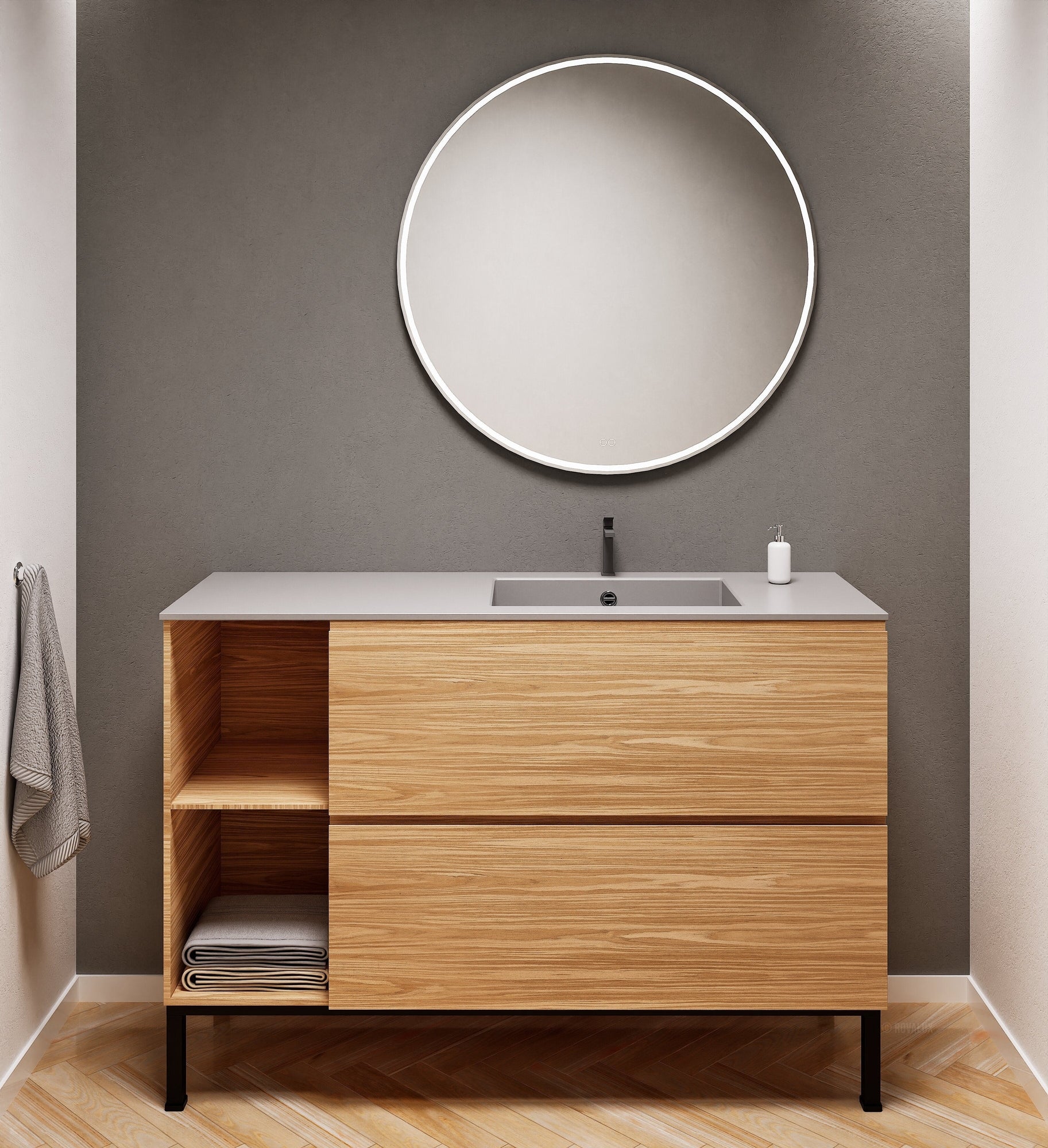 Aurora Single Set With Supporting Legs - Corian Sink & Countertop with 2 Drawers Vanity & Side Shelves - ROVALUX