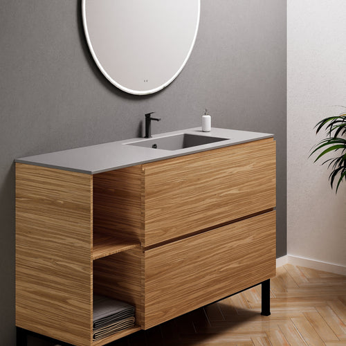 Aurora Single Set With Supporting Legs - Corian Sink & Countertop with 2 Drawers Vanity & Side Shelves - ROVALUX