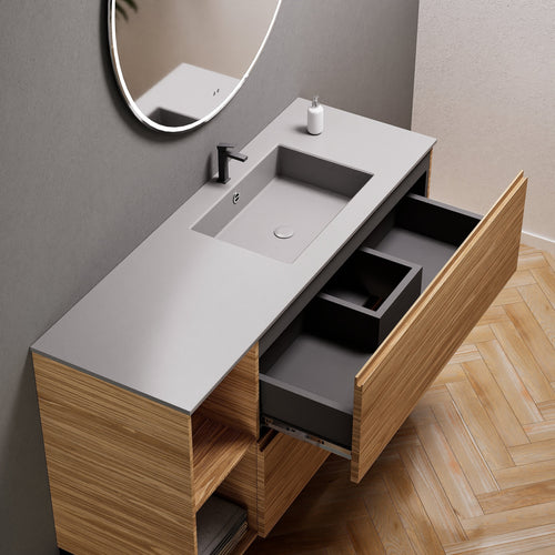 Aurora Single Set With Supporting Legs - Corian Sink & Countertop with 2 Drawers Vanity & Side Shelves - ROVALUX
