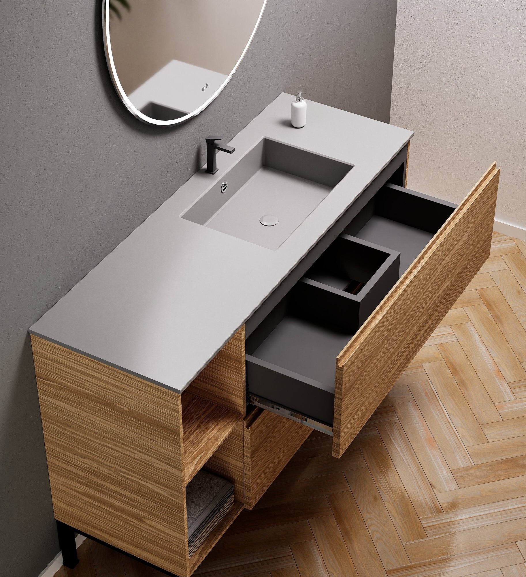 Aurora Single Set With Supporting Legs - Corian Sink & Countertop with 2 Drawers Vanity & Side Shelves - ROVALUX