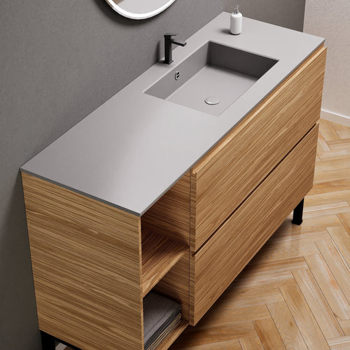 Aurora Single Set With Supporting Legs - Corian Sink & Countertop with 2 Drawers Vanity & Side Shelves - ROVALUX