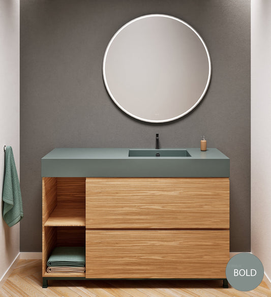 Aurora Single Set With Supporting Legs - Corian Sink & Countertop with 2 Drawers Vanity & Side Shelves - ROVALUX