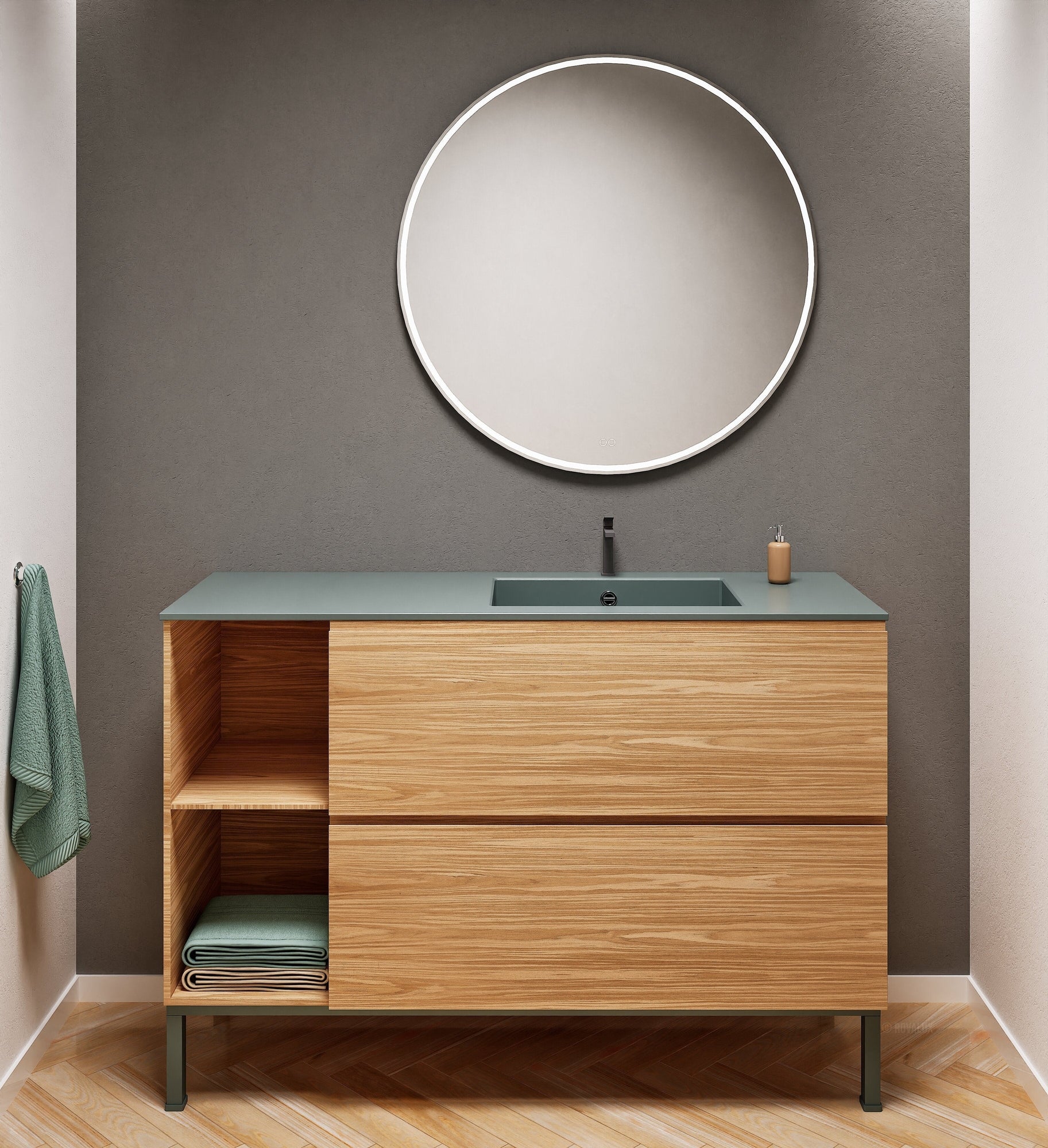 Aurora Single Set With Supporting Legs - Corian Sink & Countertop with 2 Drawers Vanity & Side Shelves - ROVALUX