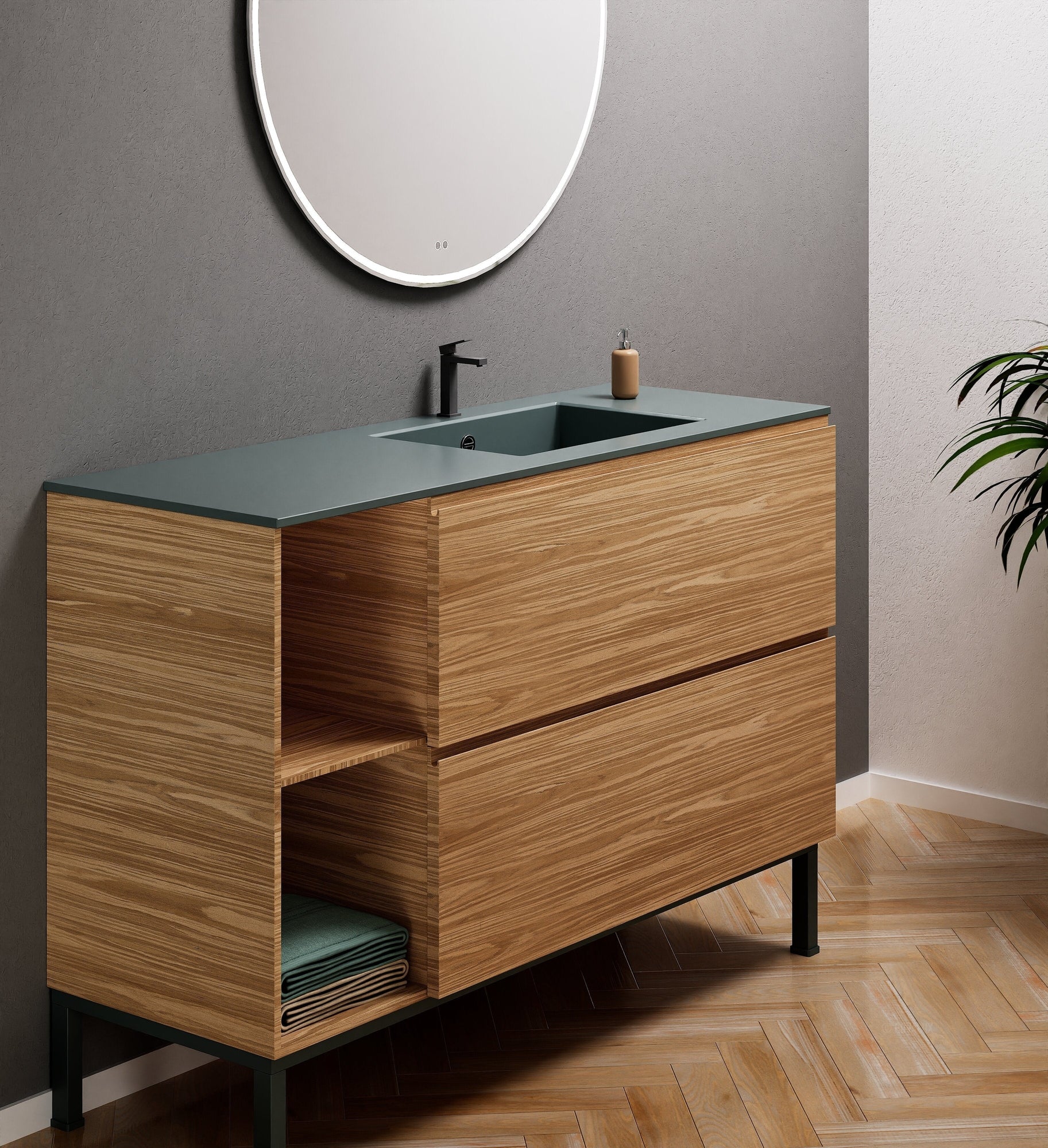 Aurora Single Set With Supporting Legs - Corian Sink & Countertop with 2 Drawers Vanity & Side Shelves - ROVALUX