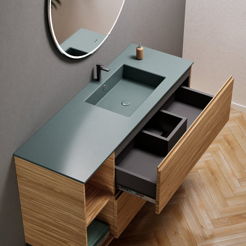 Aurora Single Set With Supporting Legs - Corian Sink & Countertop with 2 Drawers Vanity & Side Shelves - ROVALUX