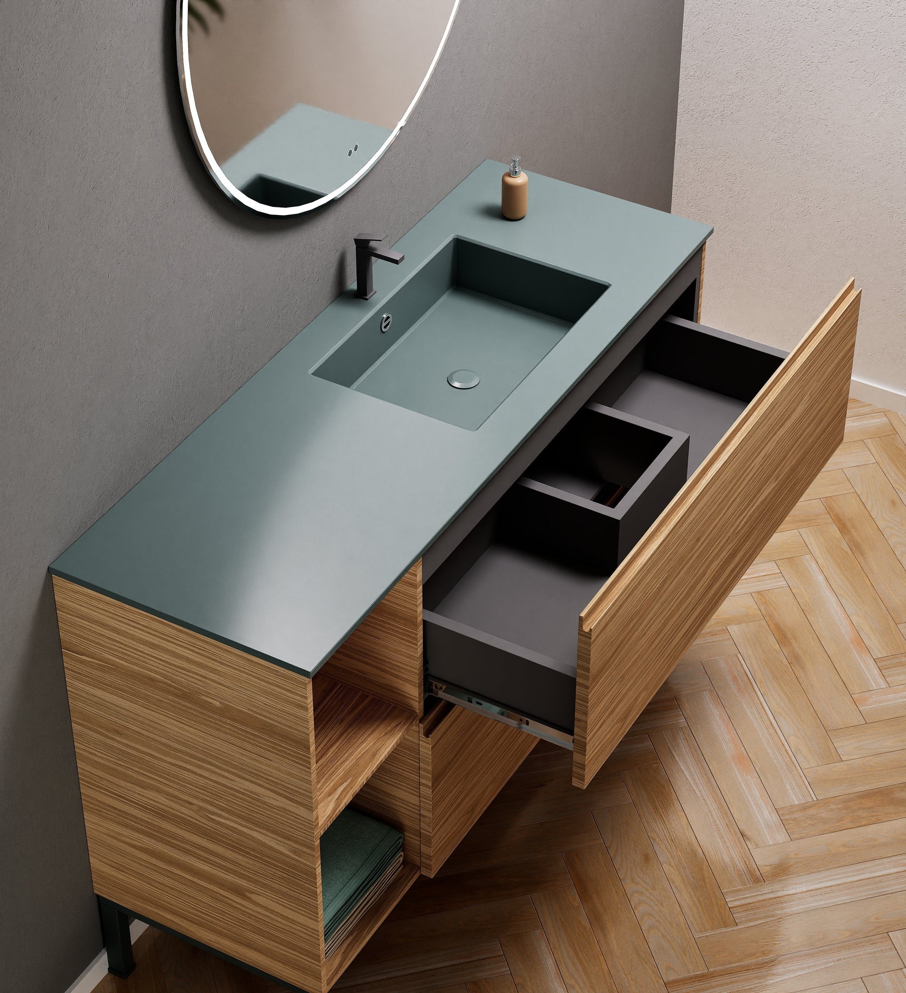 Aurora Single Set With Supporting Legs - Corian Sink & Countertop with 2 Drawers Vanity & Side Shelves - ROVALUX