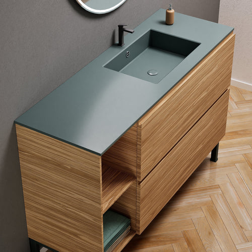 Aurora Single Set With Supporting Legs - Corian Sink & Countertop with 2 Drawers Vanity & Side Shelves - ROVALUX