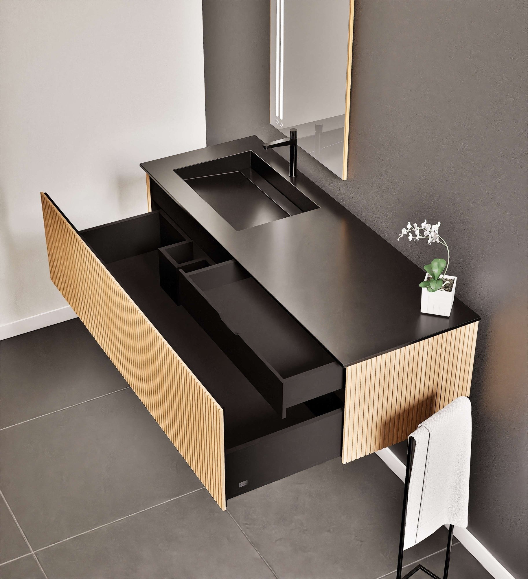 Fluvia Single Classic Set – Corian® Sink & Countertop with 1 Main Drawer & Concealed Inner Drawer - ROVALUX