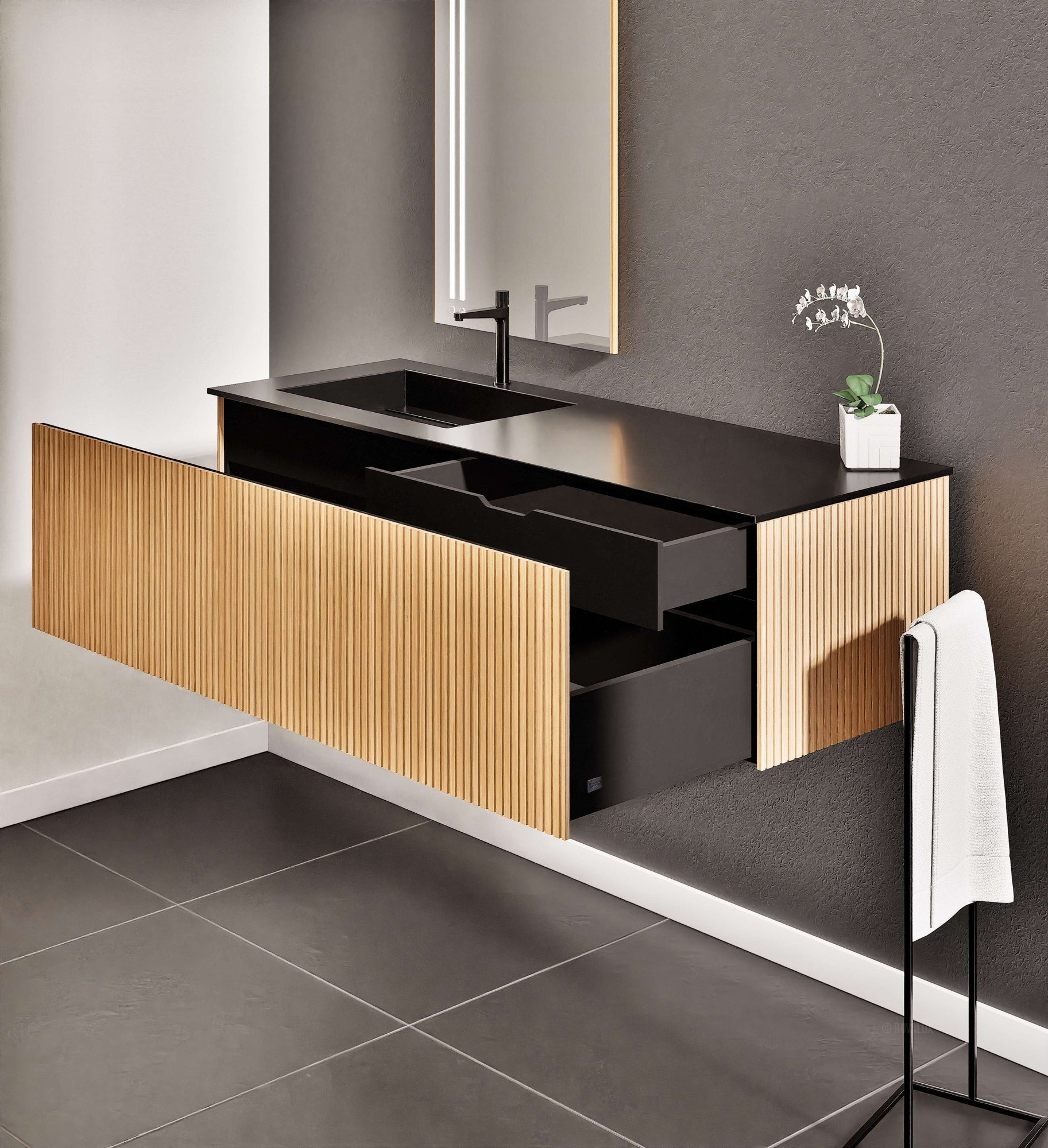 Fluvia Single Classic Set – Corian® Sink & Countertop with 1 Main Drawer & Concealed Inner Drawer - ROVALUX