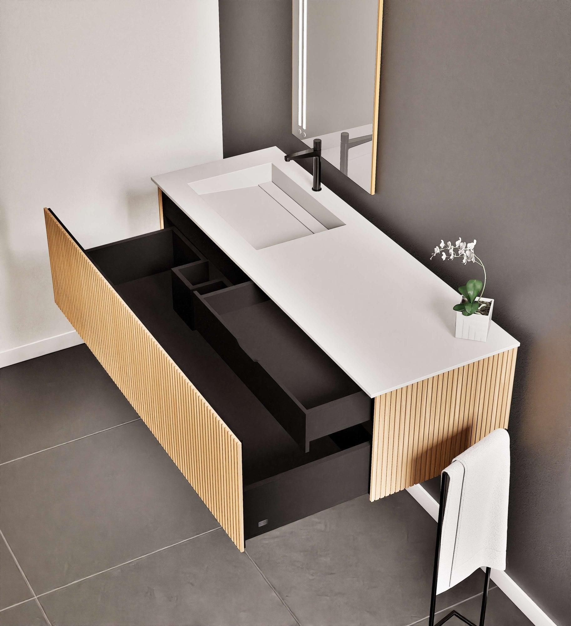 Fluvia Single Classic Set – Corian® Sink & Countertop with 1 Main Drawer & Concealed Inner Drawer - ROVALUX