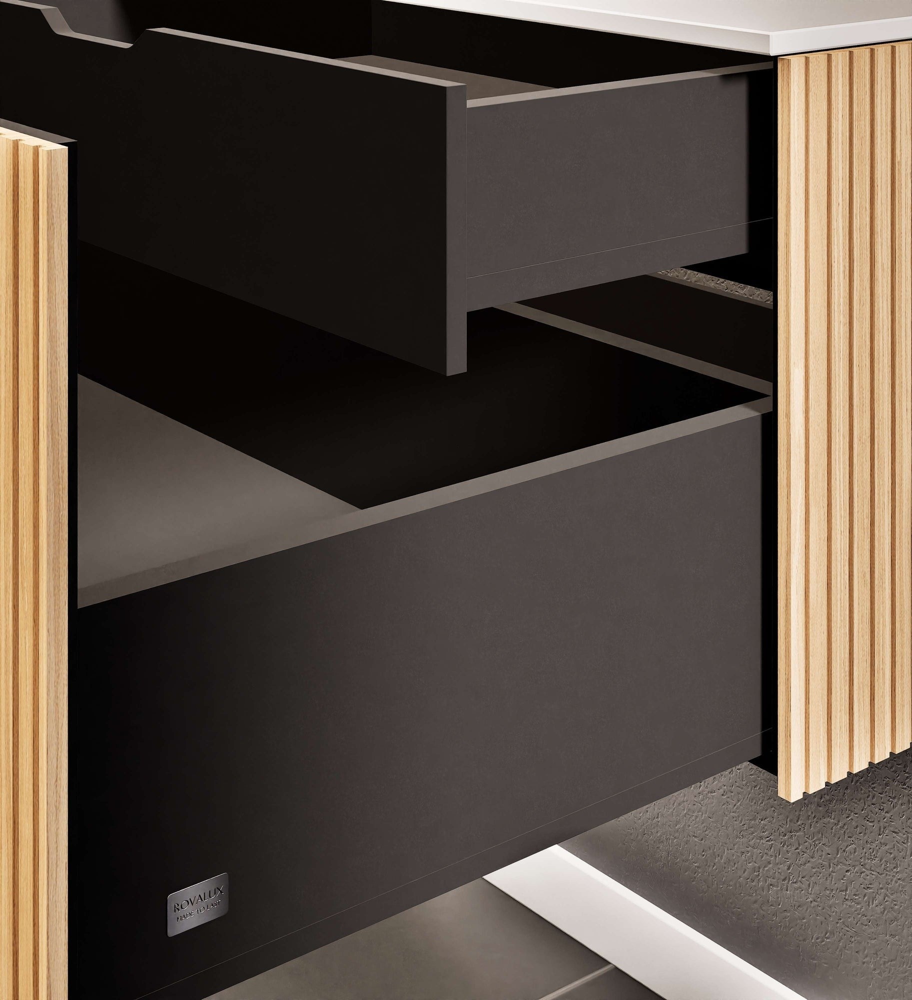 Fluvia Single Classic Set – Corian® Sink & Countertop with 1 Main Drawer & Concealed Inner Drawer - ROVALUX